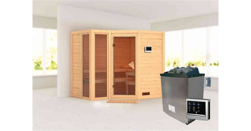 Karibu Sauna Amara + 9kW Saunaofen mit ext. Steuerung Easy