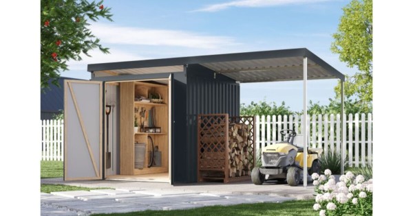 Karibu Metallhaus Iridium 2 Anthrazit mit Anbaudach 414 x 209 cm