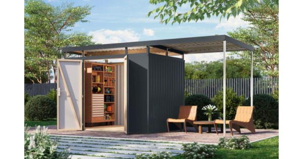Karibu Metallhaus Aurum 3 mit Anbaudach Anthrazit 497 x 209 cm