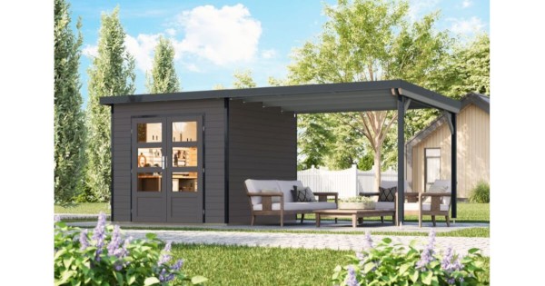 Karibu Hybrid Gartenhaus Pluto 3 B mit Anbau 3m 544 x 200,5 cm terragrau