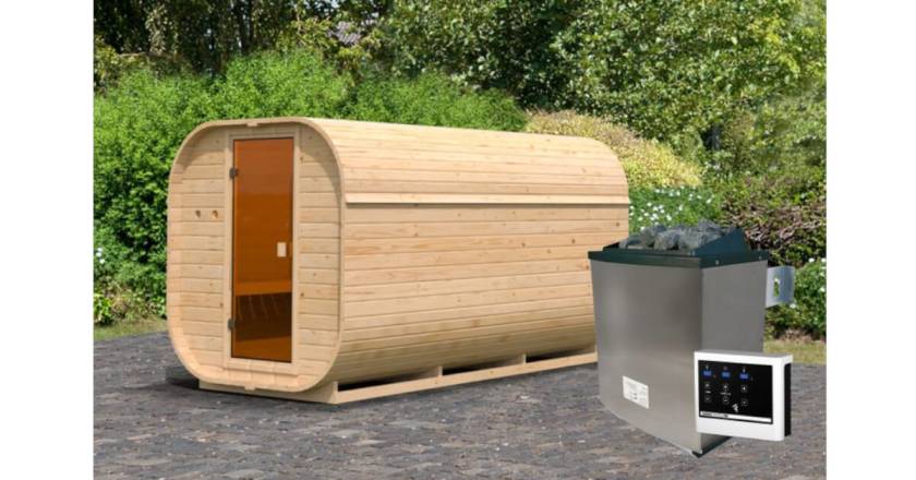 Karibu Fasssauna Quadro 3 mit 9 kW Ofen mit externer Steuerung