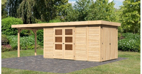 Karibu 19mm Gartenhaus Retola 5 unbehandelt mit Anbauschrank + 2,80m Anbau