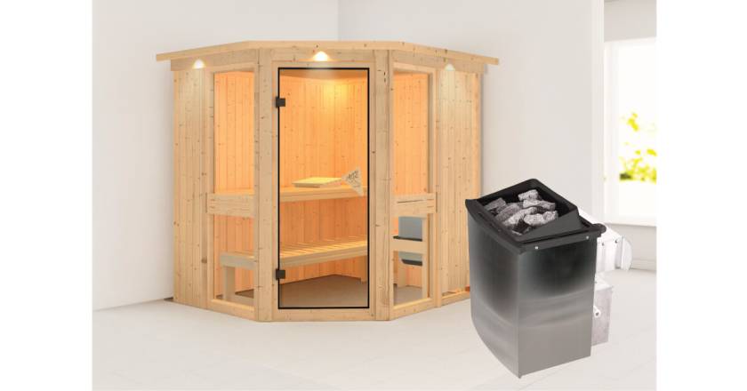 Karibu Sauna Amelia 1 mit Dachkranz + 9kW Saunaofen mit integrierter Steuerung