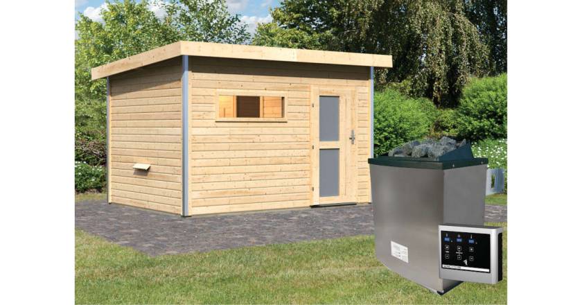 Karibu Sauna Skrollan 2 naturbelassen + 9 kW Saunaofen mit ext. Steuerung Easy