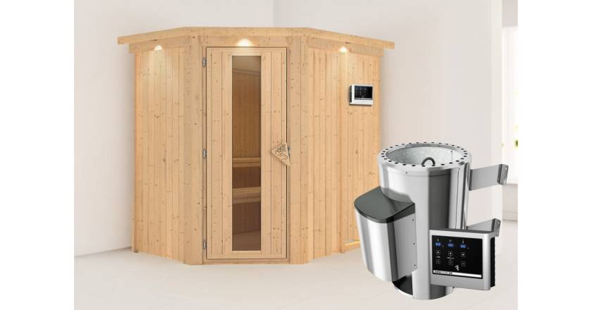 Karibu Sauna Saja mit Dachkranz + 3,6kW Saunaofen mit ext. Steuerung Easy