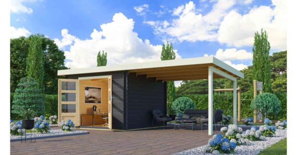 Karibu Gartenhaus Bastrup 5 anthrazit mit Anbau 3m 28mm Blockbohlenhaus 580x297cm