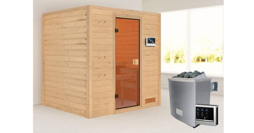 Karibu Sauna Adelina ohne Dachkranz + 9kW Saunaofen mit ext. Steuerung Easy