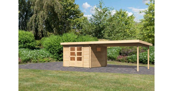 Karibu Gartenhaus Trittau 3 mit Anbau 4,4m 38mm Blockbohlenhaus 680x297cm unbehandelt