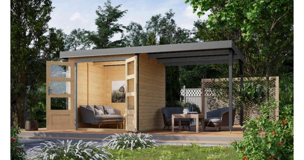 Karibu Hybrid Gartenhaus Jupiter A 19 mm Blockbohlenhaus 205x209 cm mit Anbau 2,40 m unbehandelt