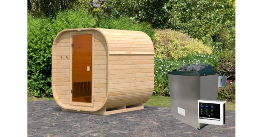 Karibu Fasssauna Quadro 1 mit 9 kW Ofen mit externer Steuerung