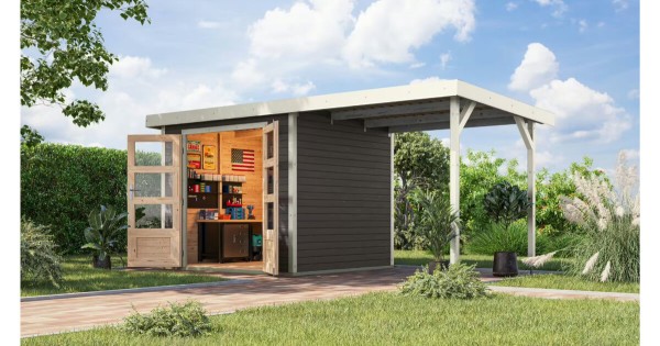 Karibu Hybrid Gartenhaus Jupiter 3 B 19 mm 234x209 cm mit Anbau terragrau