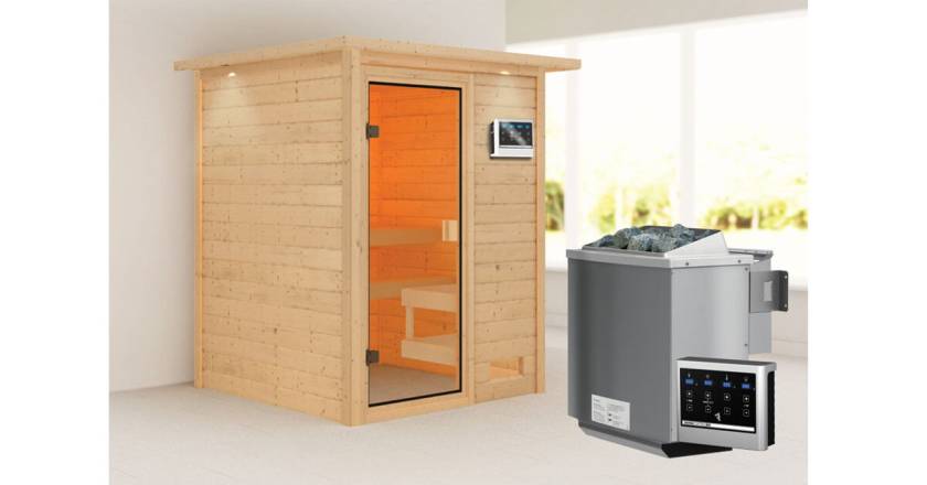 Karibu Sauna Sandra mit Dachkranz + 9kW BIO-Kombiofen mit ext. Steuerung Easy