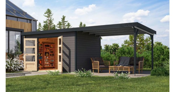 Karibu Hybrid Gartenhaus Pluto 7 B mit Anbau 664 x 240 cm terragrau