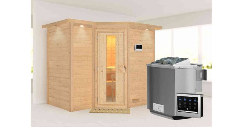 Karibu Sauna Sahib 2 mit Dachkranz + 9kW BIO-Kombiofen mit ext. Steuerung Easy