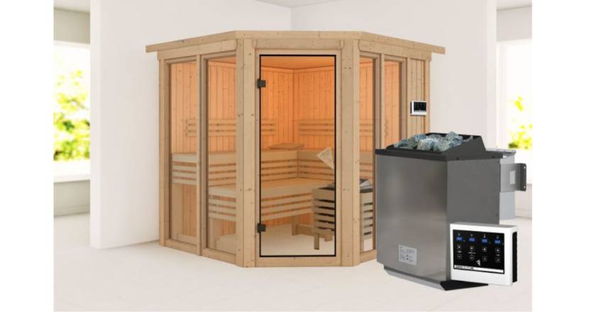 Karibu Sauna Airi mit Dachkranz + 9 kW BIO-Kombiofen mit ext. Steuerung