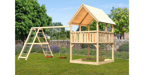 Karibu Spielturm Luis mit Doppelschaukelanbau und Klettergerüst