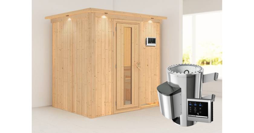 Karibu Sauna Fanja mit Dachkranz + 3,6kW Saunaofen mit ext. Steuerung Easy