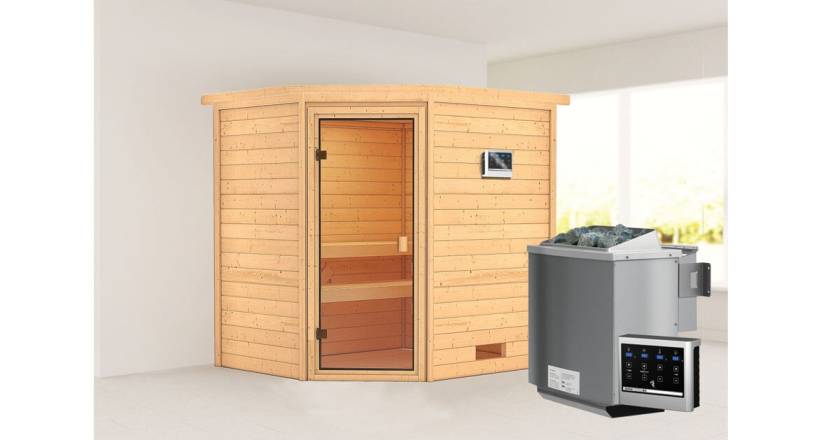 Karibu Elea Ecksauna + 9kW BIO-Kombiofen mit ext. Steuerung Easy