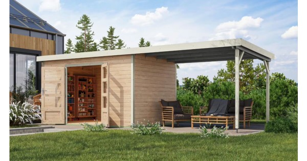Karibu Hybrid Gartenhaus Pluto 7 A mit Anbau 664 x 240 cm unbehandelt