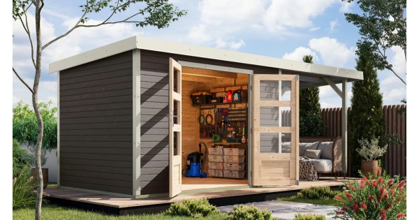 Karibu Hybridhaus Jupiter 5 B mit Anbau 299 x 243 cm terragrau