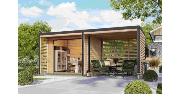 Karibu Gartenhaus Saturn A Naturbelassen / Anthrazit mit Anbaudach 537,5 x 276 cm