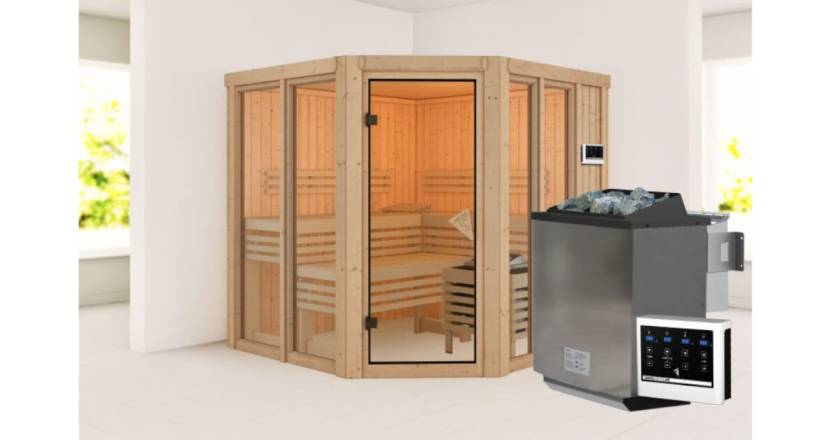 Karibu Sauna Airi ohne Dachkranz + 9 kW BIO-Kombiofen mit ext. Steuerung
