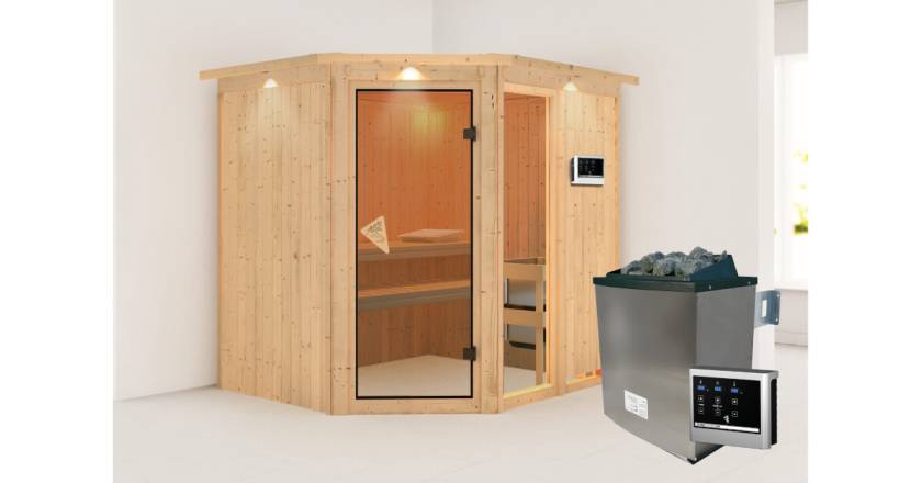 Karibu Sauna Fiona 2 mit Dachkranz + 9kW Saunaofen mit ext. Steuerung