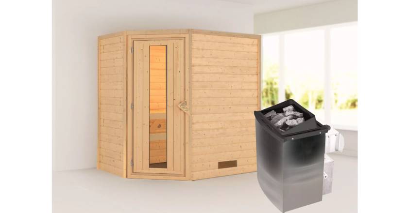 Karibu Sauna Svea mit Dachkranz + 9kW Saunaofen mit integrierter Steuerung