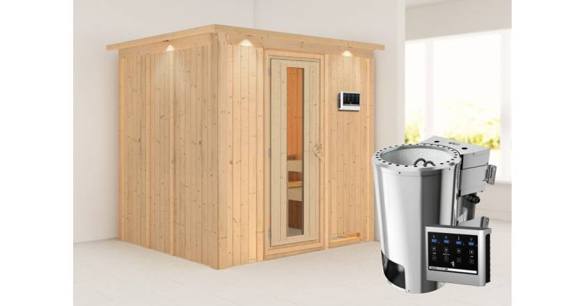 Karibu Sauna Daria mit Dachkranz + 3,6kW BIO-Kombiofen mit ext. Steuerung Easy