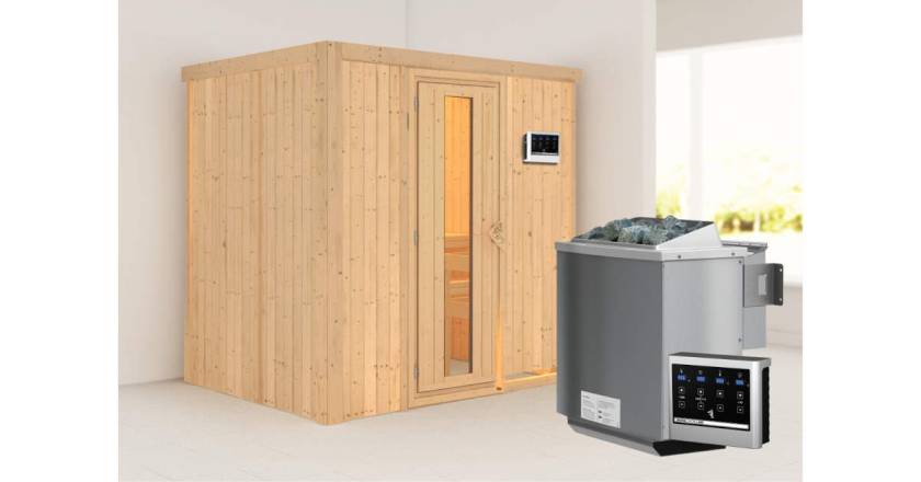 Karibu Sauna Bodin + 9kW BIO-Kombiofen mit ext. Steuerung Easy
