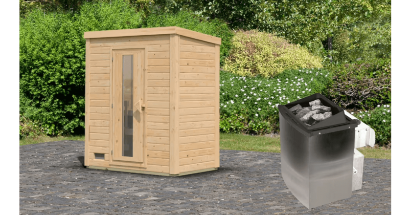 Karibu Sauna Hytti 0 naturbelassen mit 9 kW Ofen mit integrierter Steuerung