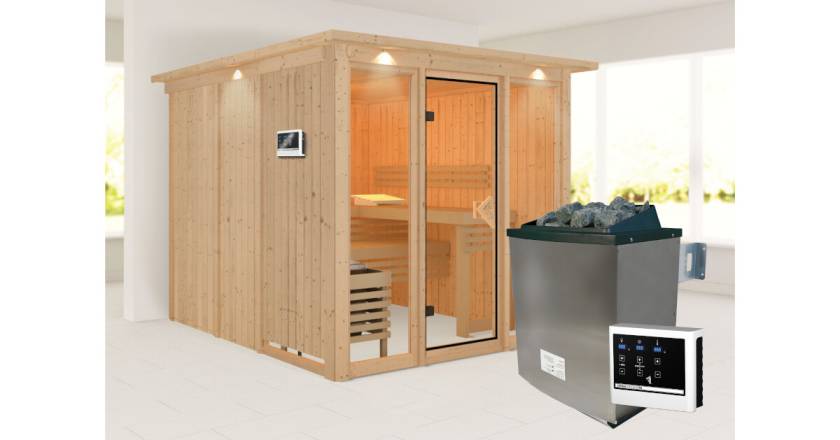 Karibu Sauna Askja mit Dachkranz + 9kW Saunaofen mit ext. Steuerung
