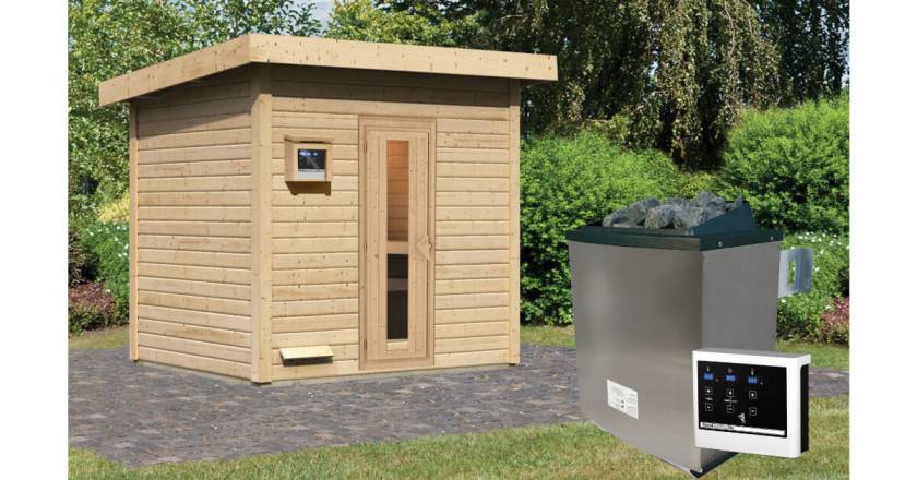 Karibu Sauna Hytti 3 naturbelassen mit 9 kW Ofen mit externer Steuerung