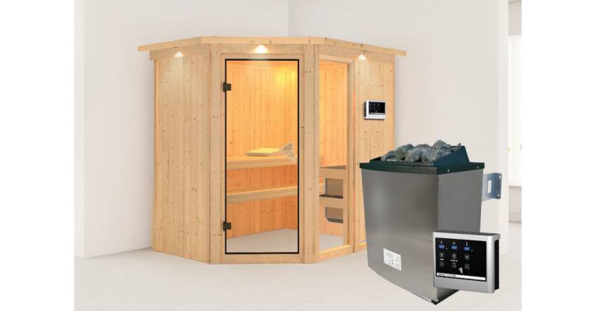 Karibu Sauna Fiona 1 mit Dachkranz + 9kW Saunaofen mit ext. Steuerung