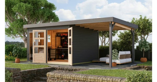 Karibu Gartenhaus 19 mm Lahar 6 terragrau mit Anbau 302 x 306 cm