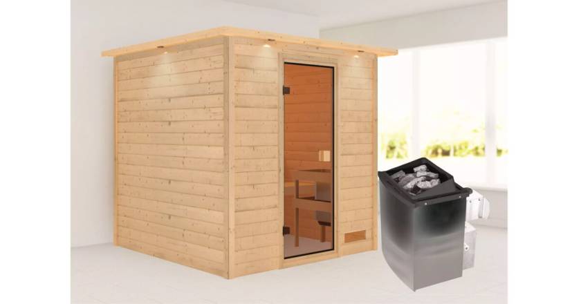 Karibu Sauna Jara mit Dachkranz + 9kW Saunaofen mit integrierter Steuerung