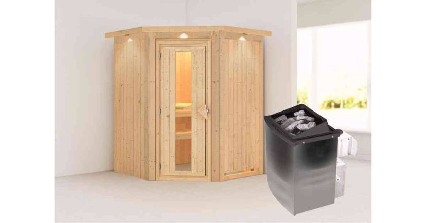 Karibu Sauna Larin mit Dachkranz + 9kW Saunaofen mit integrierter Steuerung