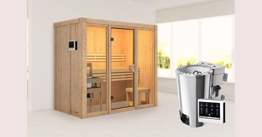 Karibu Sauna Avari 2 mit 3,6kW Plug&Play BIO Kombi-Ofen externe Steuerung