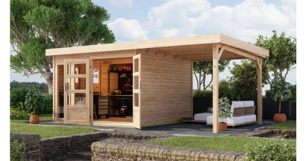 Karibu Gartenhaus 19 mm Lahar 6 naturbelassen mit Anbau 302 x 306 cm