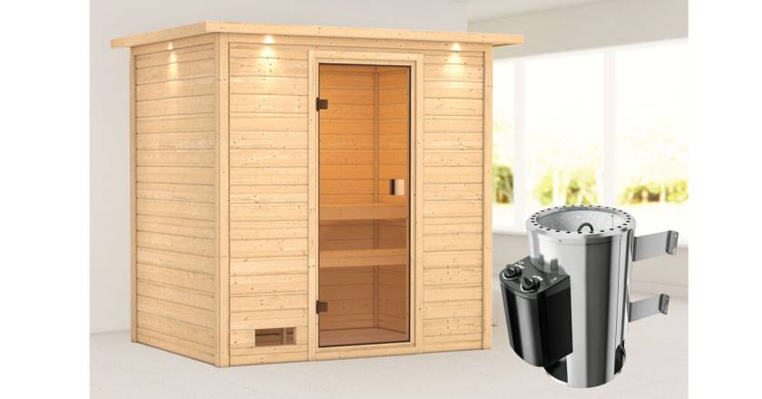 Karibu Sauna Selena mit Dachkranz + 3,6kW Plug&Play Ofen integrierte Steuerung