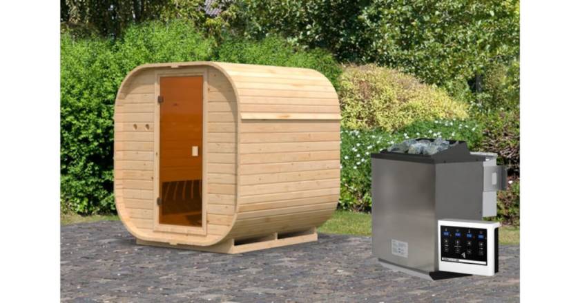 Karibu Fasssauna Quadro 1 mit 9 kW Bio-Ofen mit externer Steuerung