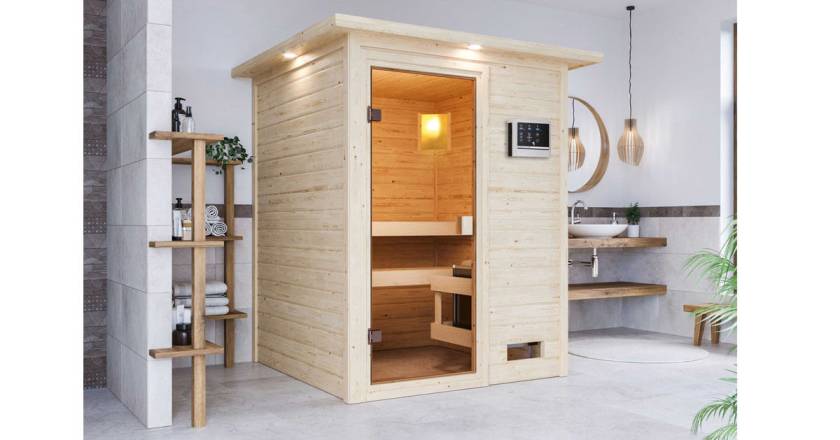 Karibu Sauna Sandra mit Dachkranz + 3,6kW Plug&Play Ofen externe Steuerung