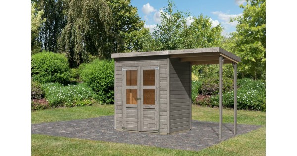 Karibu Gartenhaus 14mm Merseburg 2 Gerätehaus mit Anbau 322x126 cm vorvergraut