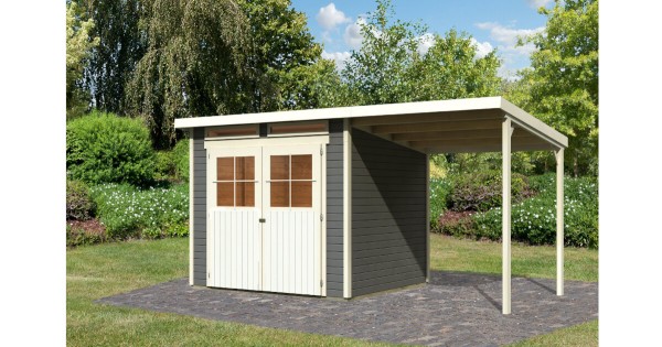 Karibu Gartenhaus 19mm Glücksburg 4 mit Anbau 426x217 cm terragrau