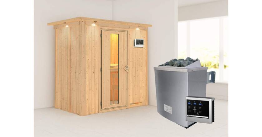 Karibu Sauna Variado mit Dachkranz + 9kW Saunaofen mit ext. Steuerung Easy