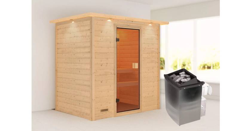 Karibu Sauna Selena mit Dachkranz + 9kW Saunaofen mit integrierter Steuerung