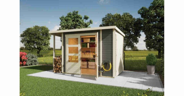Karibu Multifunktionshaus 19mm Pultdach mit Schrank und Anbaudach terragrau