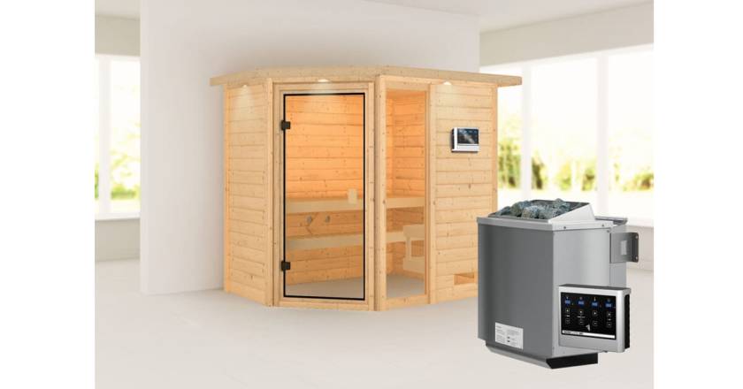 Karibu Sauna Jada mit Dachkranz + 9kW BIO-Kombiofen mit ext. Steuerung Easy