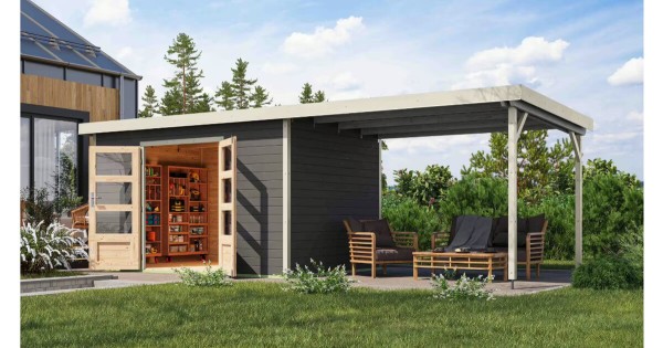 Karibu Hybrid Gartenhaus Pluto 7 B mit Anbau 664 x 240 cm terragrau