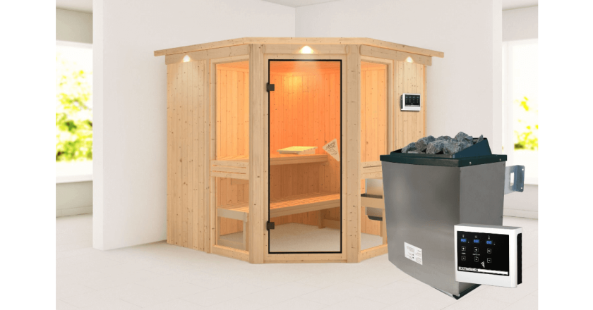 Karibu Sauna Amelia 2 mit Dachkranz + 9 kW Ofen mit ext. Steuerung